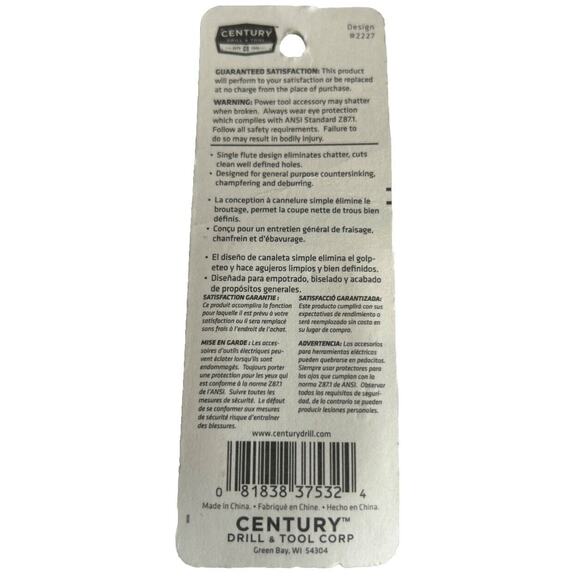 CENTURY DRILL & TOOL 1/2" Countersink Single Flute Plastic Wood 37532 - Picture 2 of 2